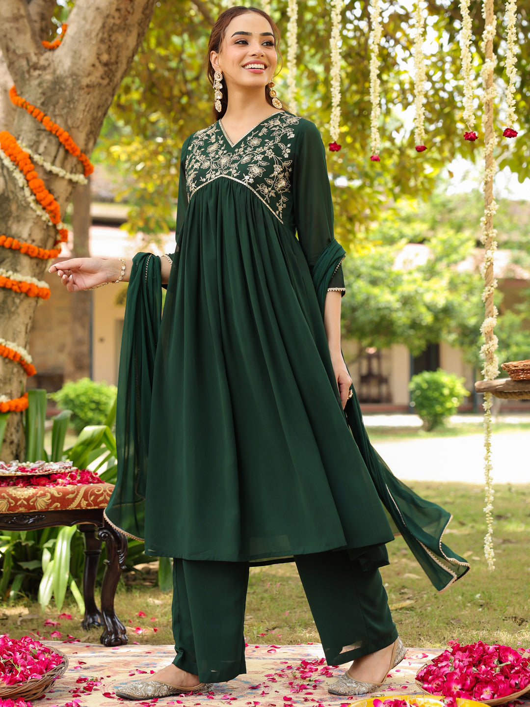 Ninnique Women's Bottle Green Georgette Zari Yoke Embroidered A-line Kurta Set