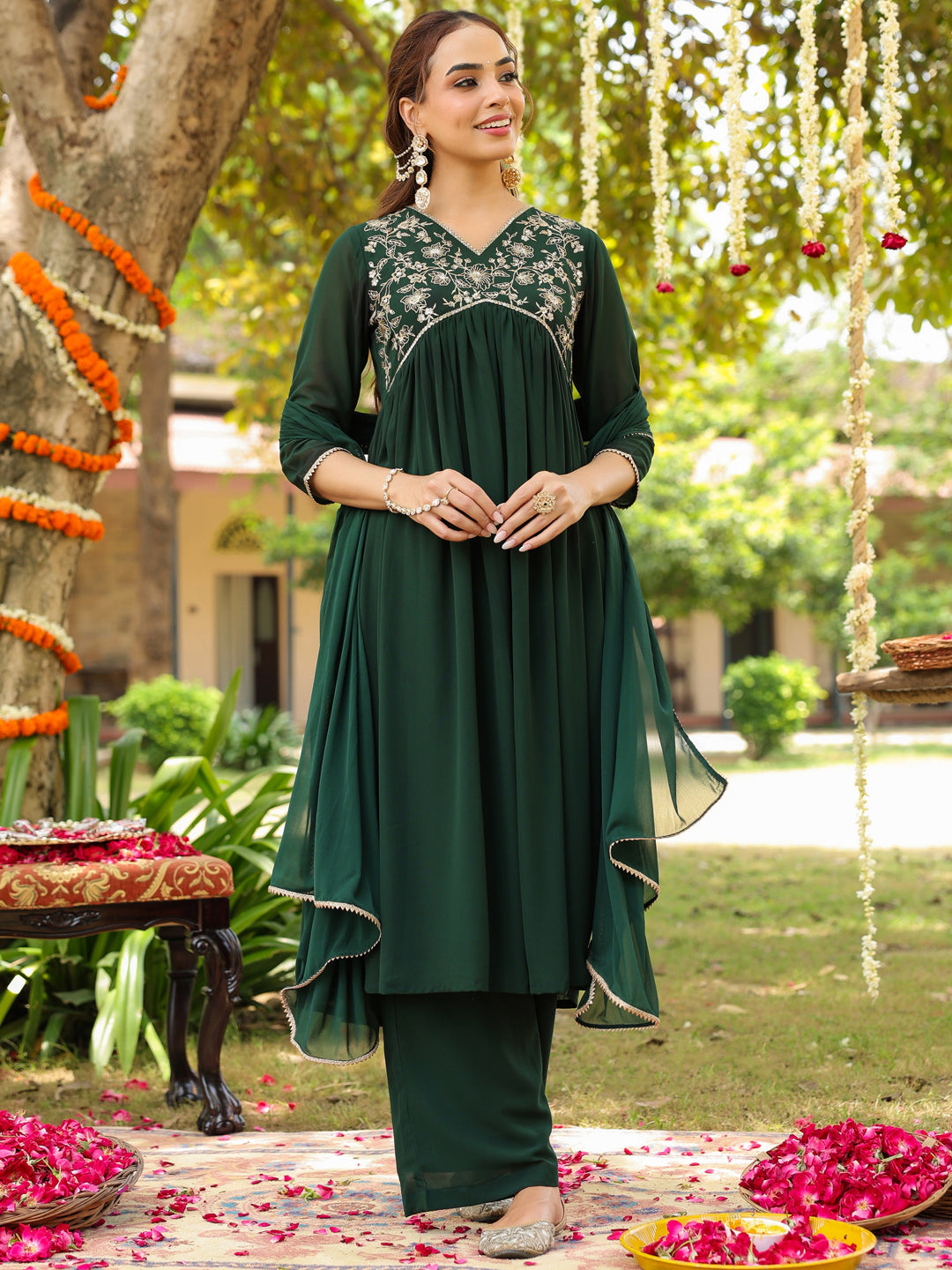 Ninnique Women's Bottle Green Georgette Zari Yoke Embroidered A-line Kurta Set