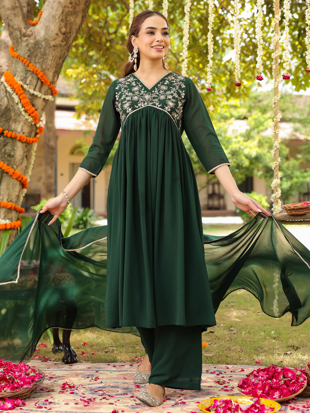 Ninnique Women's Bottle Green Georgette Zari Yoke Embroidered A-line Kurta Set