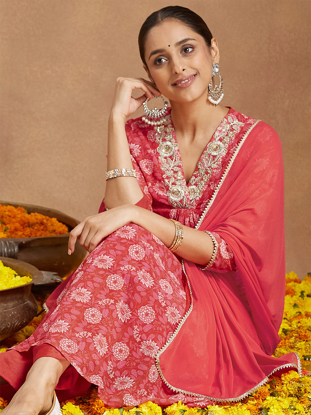 Ninnique Women's Red Georgette Embellished Floral Printed A-line Kurta Set