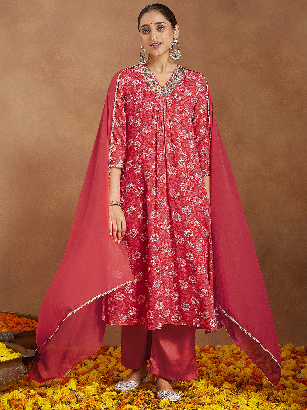 Ninnique Women's Red Georgette Embellished Floral Printed A-line Kurta Set