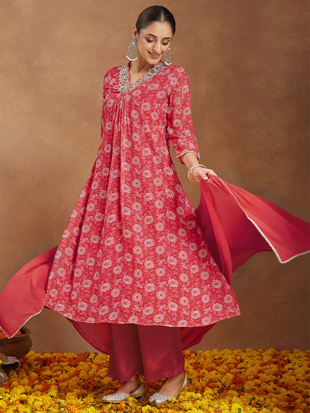 Ninnique Women's Red Georgette Embellished Floral Printed A-line Kurta Set