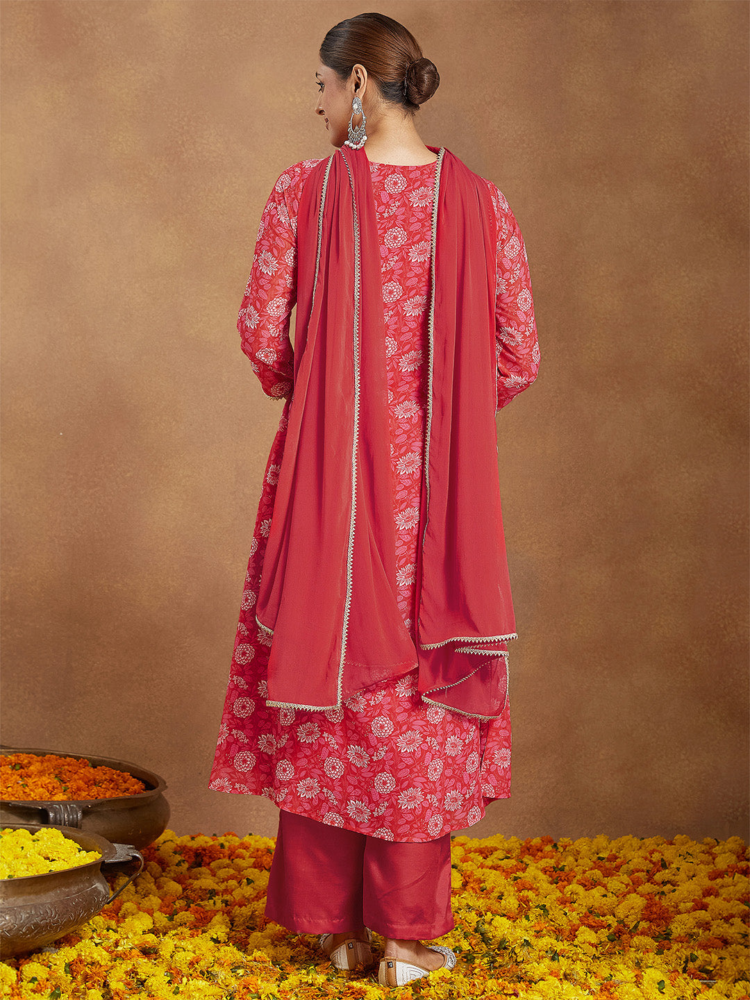 Ninnique Women's Red Georgette Embellished Floral Printed A-line Kurta Set