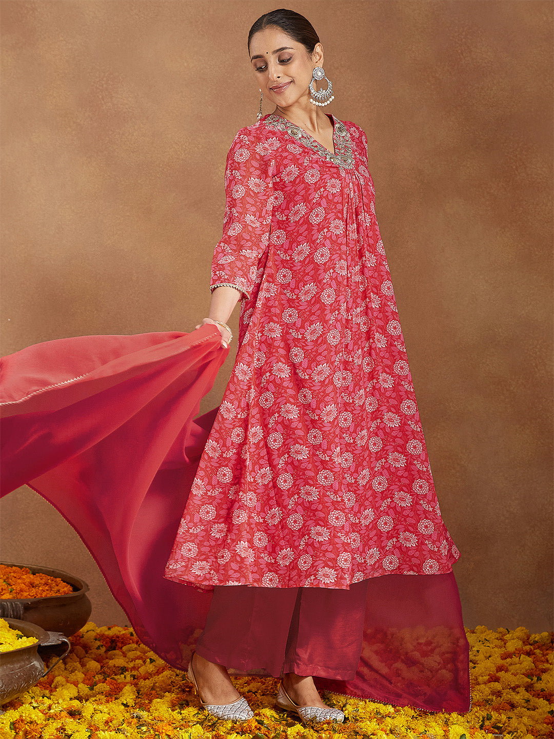 Ninnique Women's Red Georgette Embellished Floral Printed A-line Kurta Set