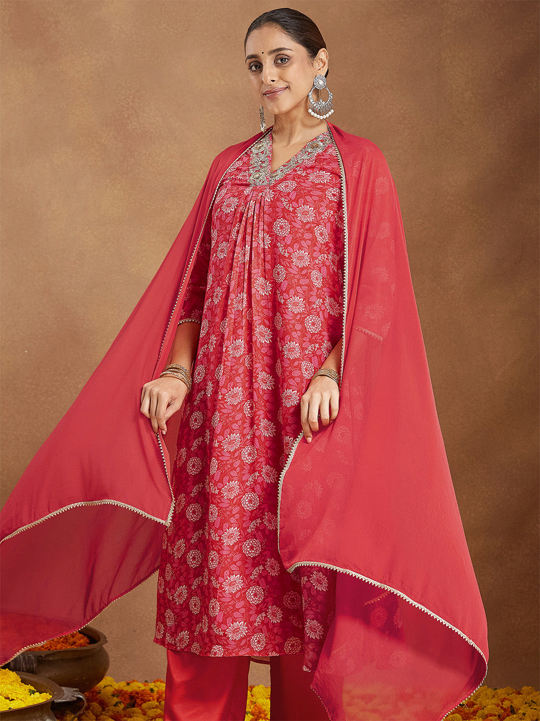 Ninnique Women's Red Georgette Embellished Floral Printed A-line Kurta Set