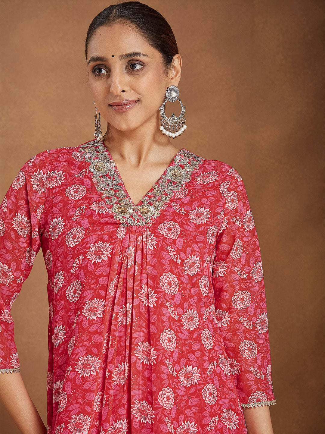 Ninnique Women's Red Georgette Embellished Floral Printed A-line Kurta Set