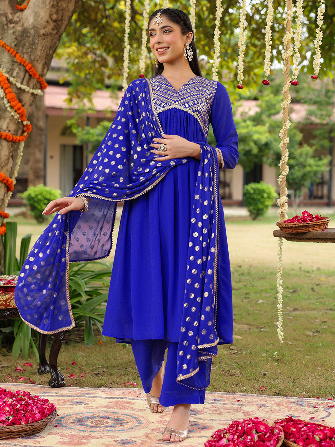 Ninnique Women's Royal Blue Georgette Embellished A-line Kurta With Palazzo Dupatta Set
