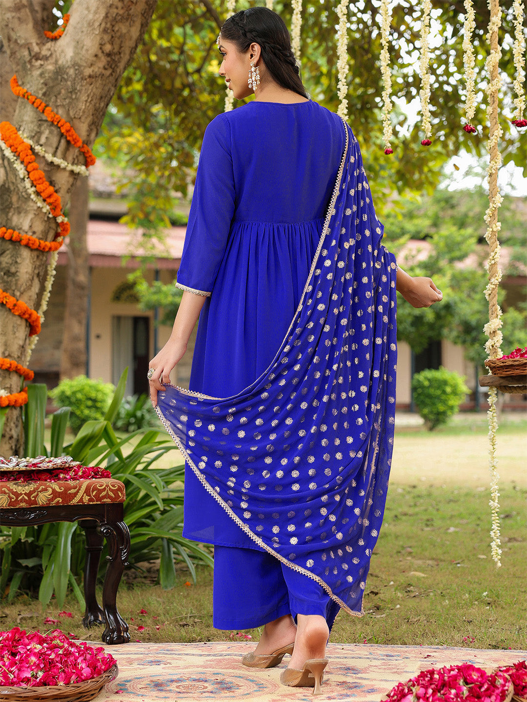 Ninnique Women's Royal Blue Georgette Embellished A-line Kurta With Palazzo Dupatta Set