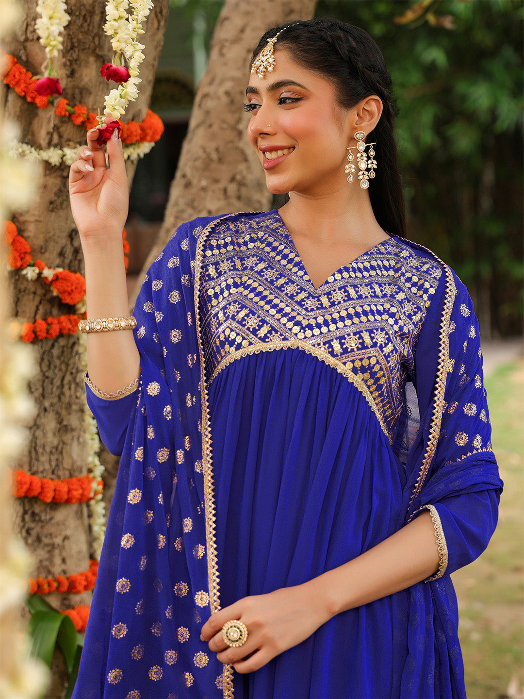 Ninnique Women's Royal Blue Georgette Embellished A-line Kurta With Palazzo Dupatta Set
