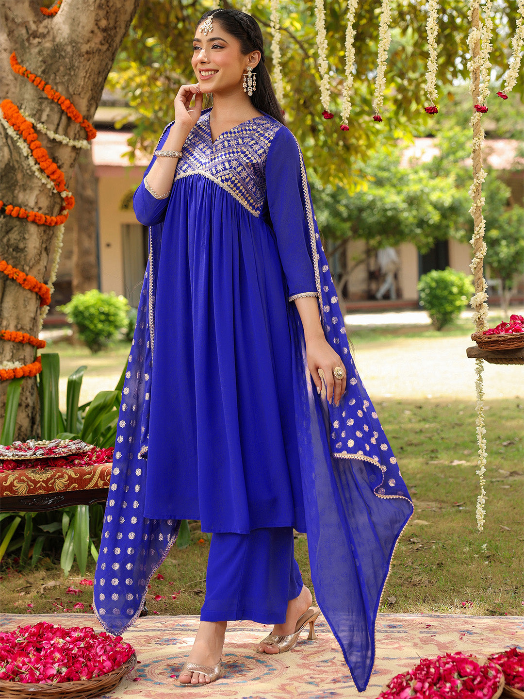 Ninnique Women's Royal Blue Georgette Embellished A-line Kurta With Palazzo Dupatta Set