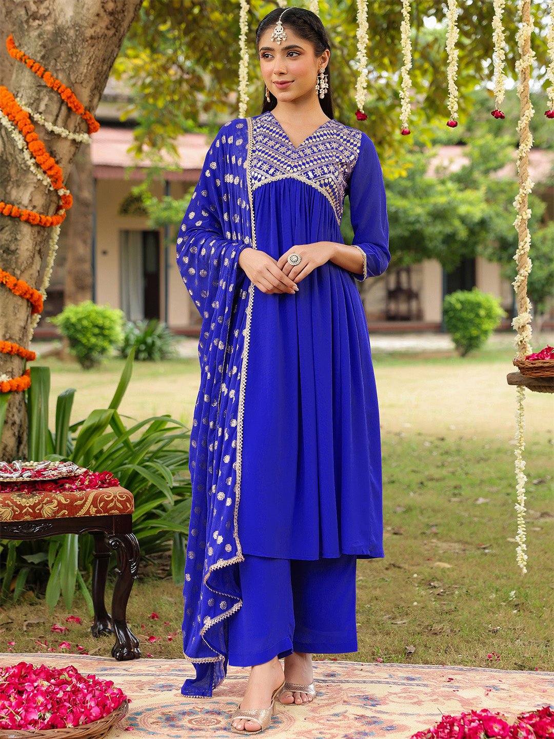 Ninnique Women's Royal Blue Georgette Embellished A-line Kurta With Palazzo Dupatta Set