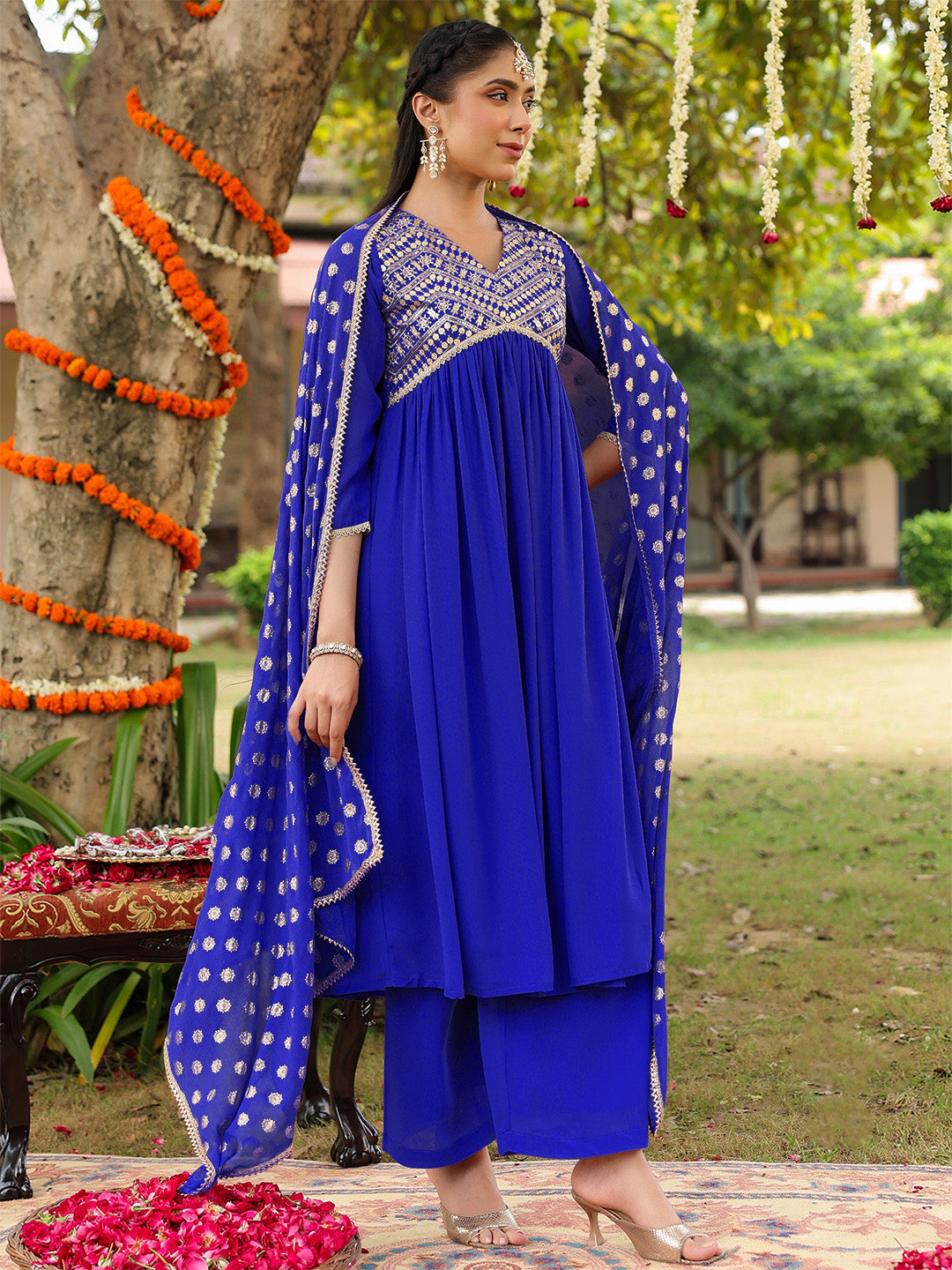 Ninnique Women's Royal Blue Georgette Embellished A-line Kurta With Palazzo Dupatta Set