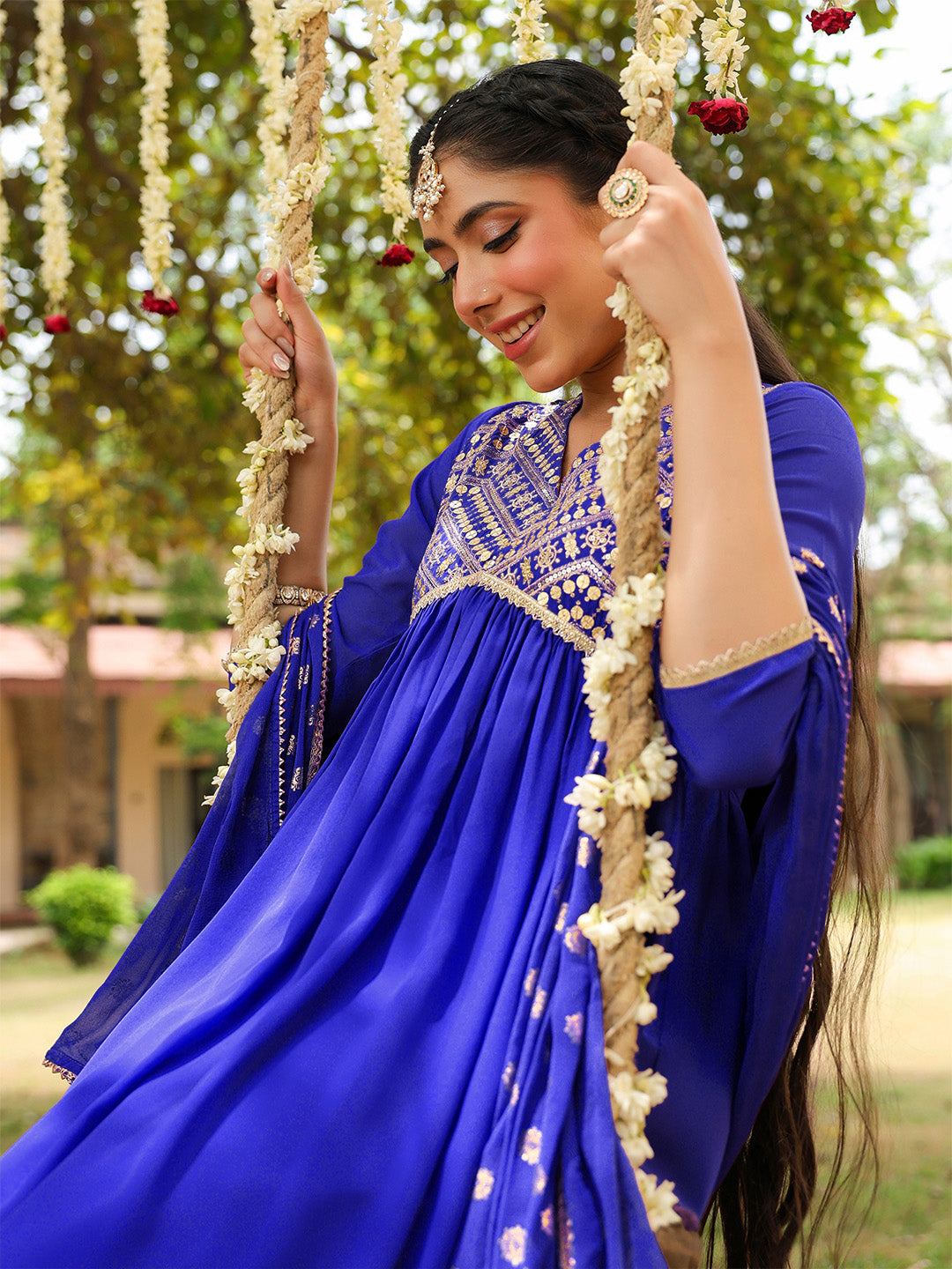 Ninnique Women's Royal Blue Georgette Embellished A-line Kurta With Palazzo Dupatta Set