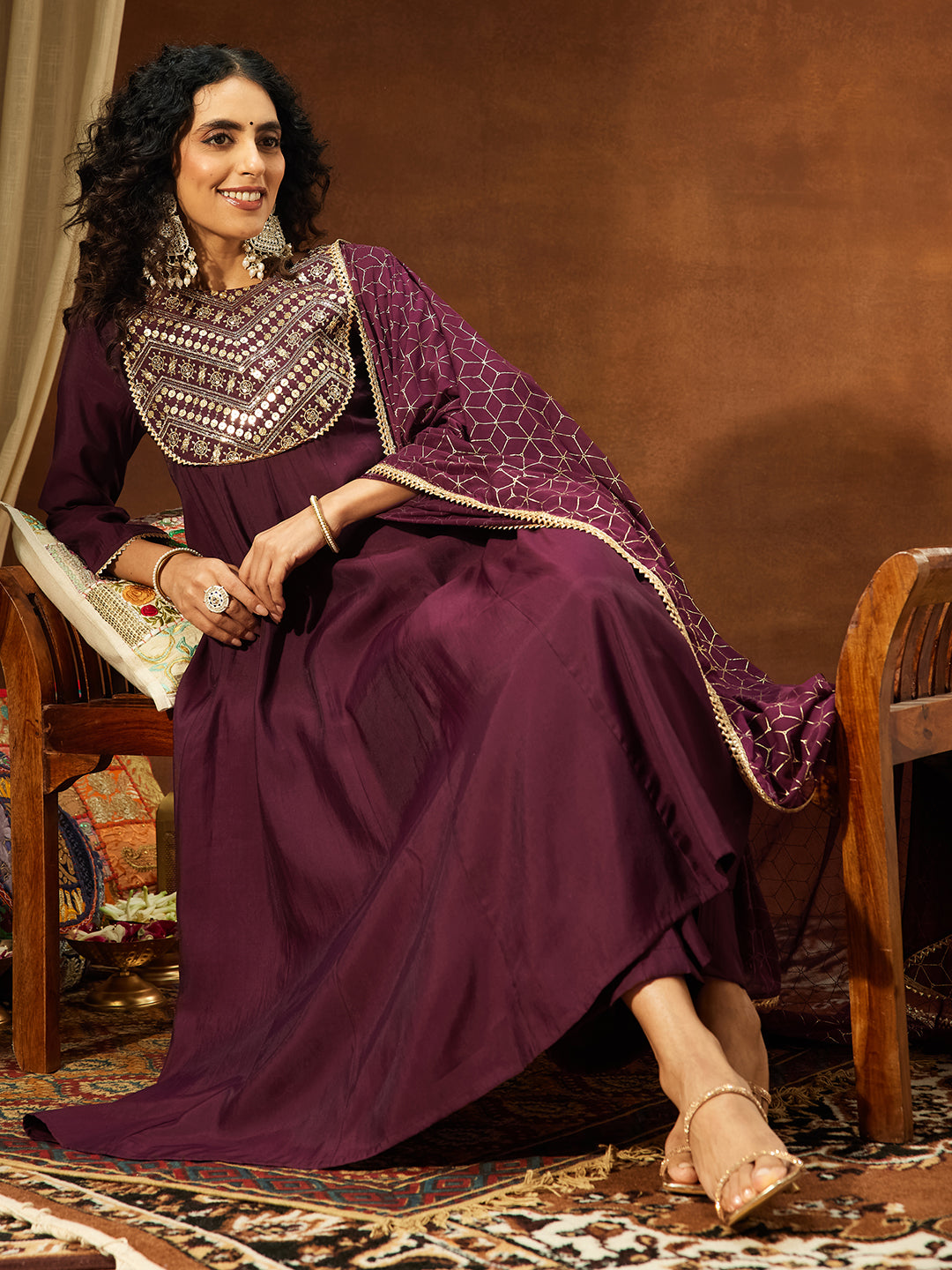 Ninnique Women's Wine Chanderi Silk Embellished A-line Kurta Set