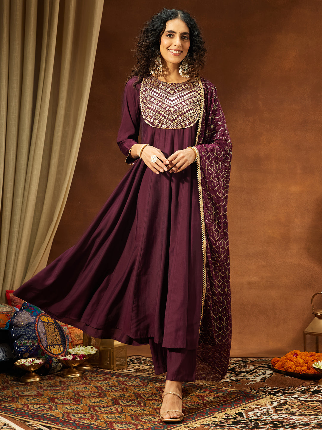 Ninnique Women's Wine Chanderi Silk Embellished A-line Kurta Set