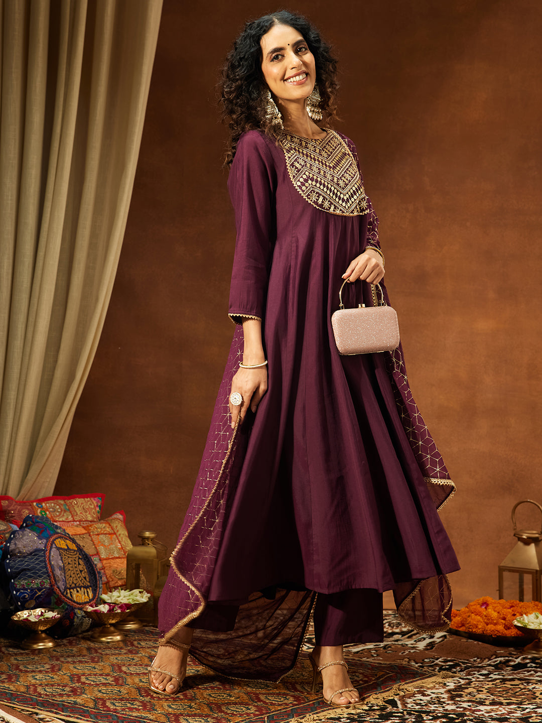 Ninnique Women's Wine Chanderi Silk Embellished A-line Kurta Set