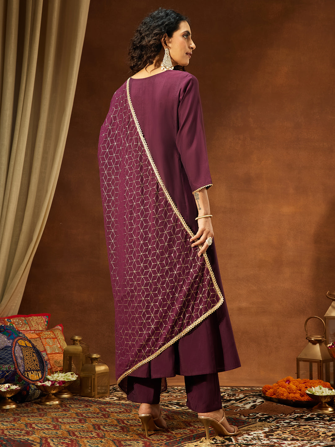 Ninnique Women's Wine Chanderi Silk Embellished A-line Kurta Set