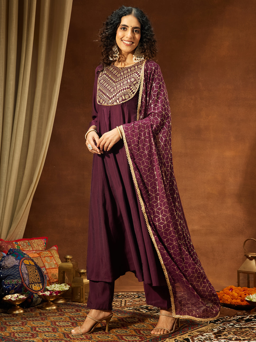 Ninnique Women's Wine Chanderi Silk Embellished A-line Kurta Set