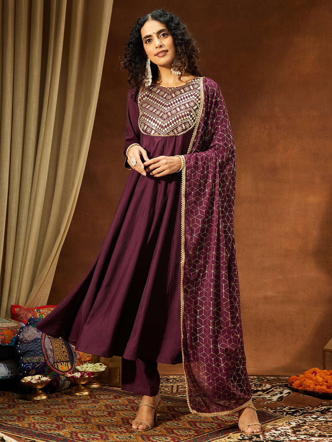 Ninnique Women's Wine Chanderi Silk Embellished A-line Kurta Set
