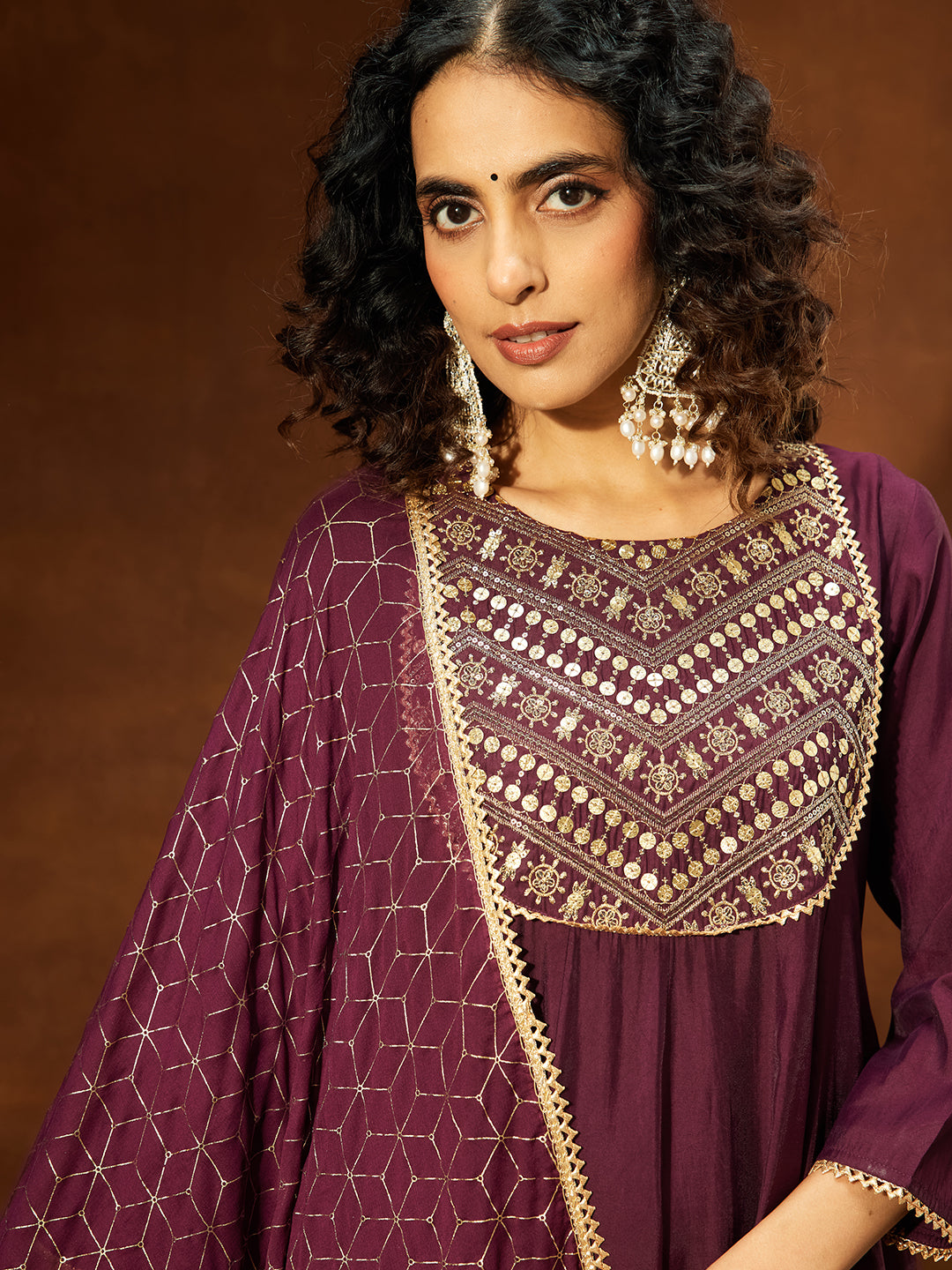 Ninnique Women's Wine Chanderi Silk Embellished A-line Kurta Set