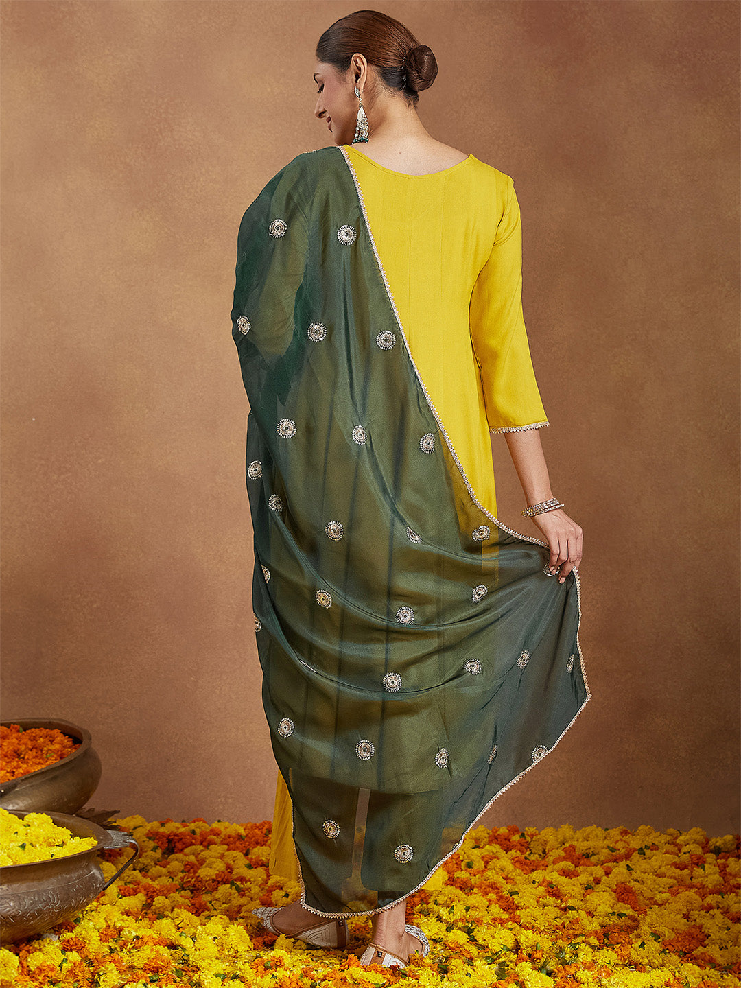 Ninnique Women Mustard Yellow Rayon Embellished Anarkali Kurta Set With Green Dupatta