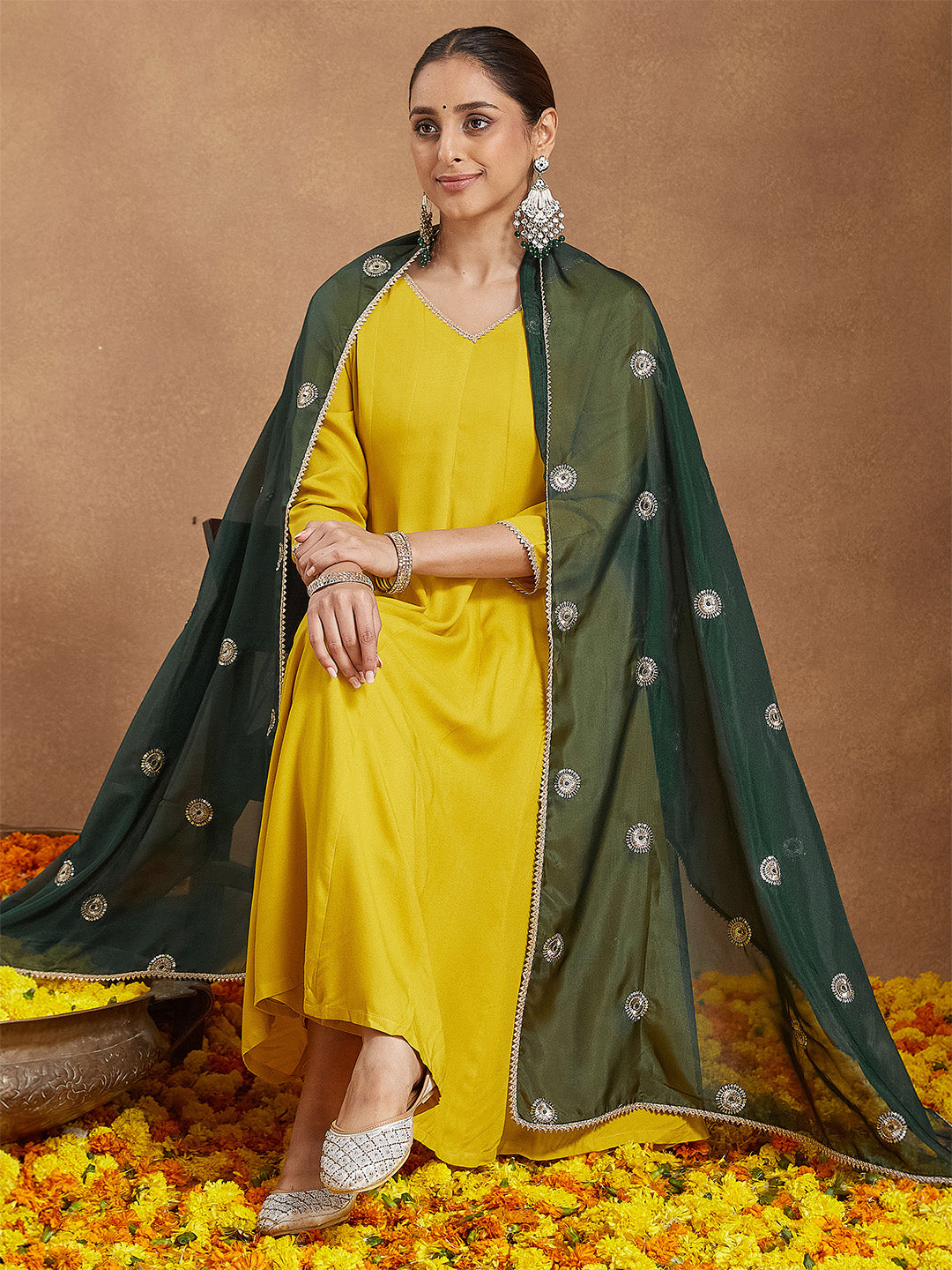 Ninnique Women Mustard Yellow Rayon Embellished Anarkali Kurta Set With Green Dupatta