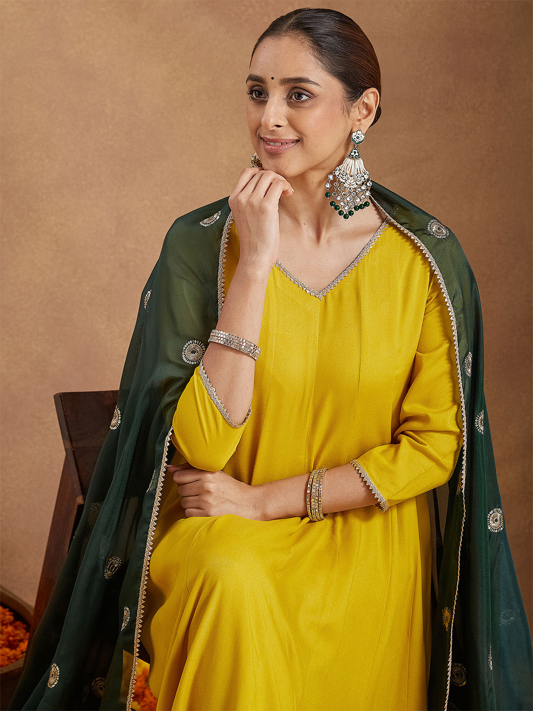 Ninnique Women Mustard Yellow Rayon Embellished Anarkali Kurta Set With Green Dupatta