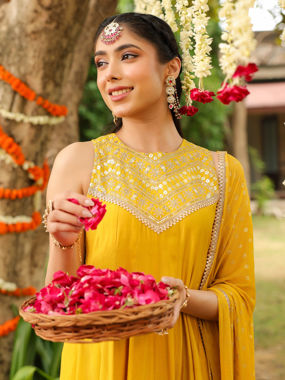 Ninnique Women Yellow Chanderi Silk Embellished Anarkali Kurta Set With Dupatta