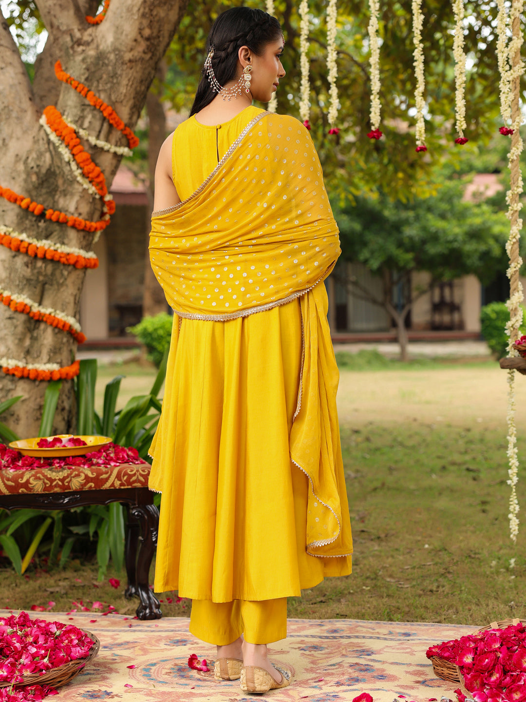 Ninnique Women Yellow Chanderi Silk Embellished Anarkali Kurta Set With Dupatta