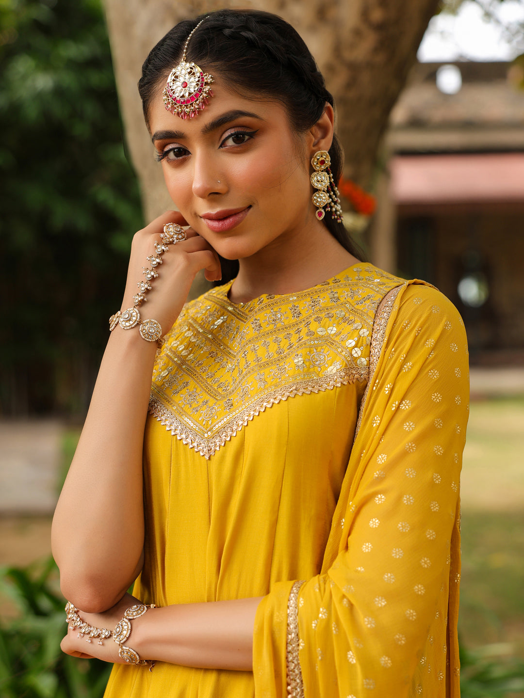 Ninnique Women Yellow Chanderi Silk Embellished Anarkali Kurta Set With Dupatta