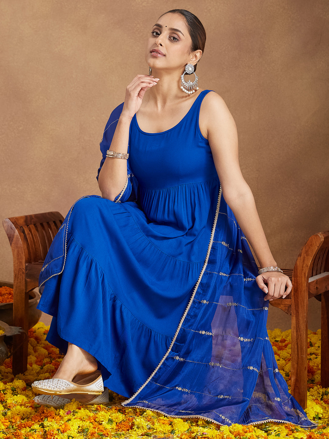 Ninnique Women's Royal Blue Rayon Embellished Tiered Kurta Set With Dupatta