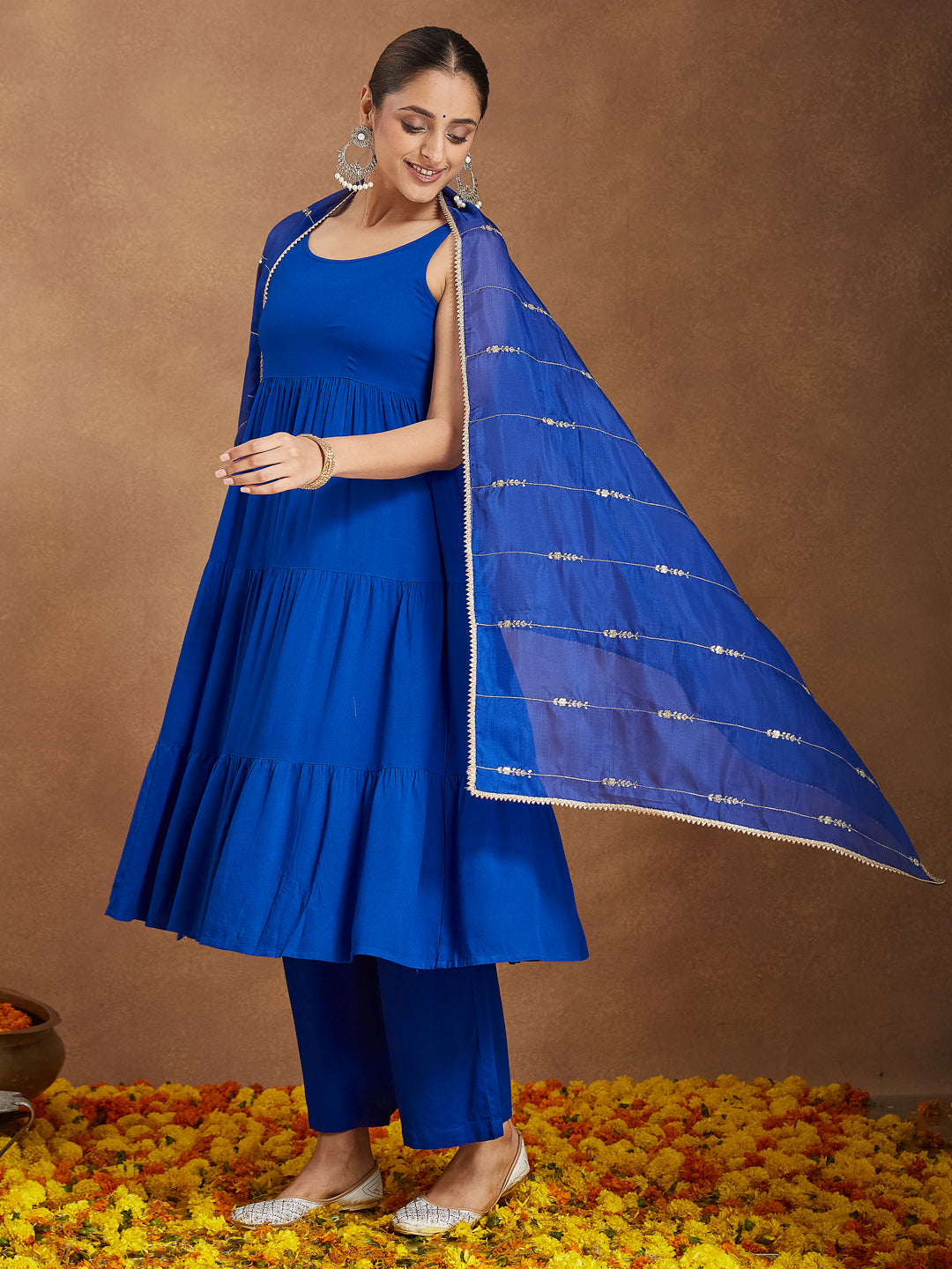 Ninnique Women's Royal Blue Rayon Embellished Tiered Kurta Set With Dupatta