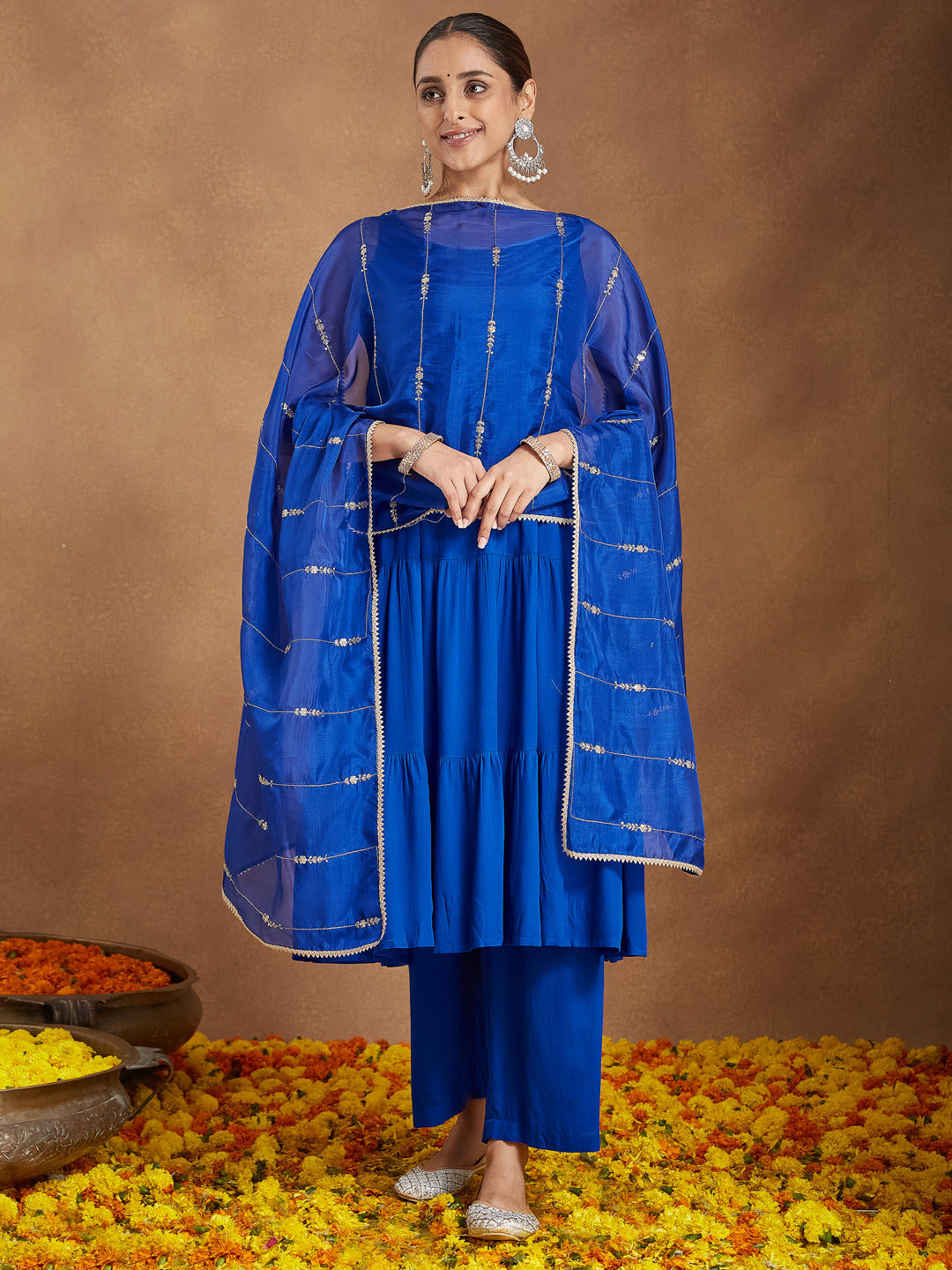 Ninnique Women's Royal Blue Rayon Embellished Tiered Kurta Set With Dupatta