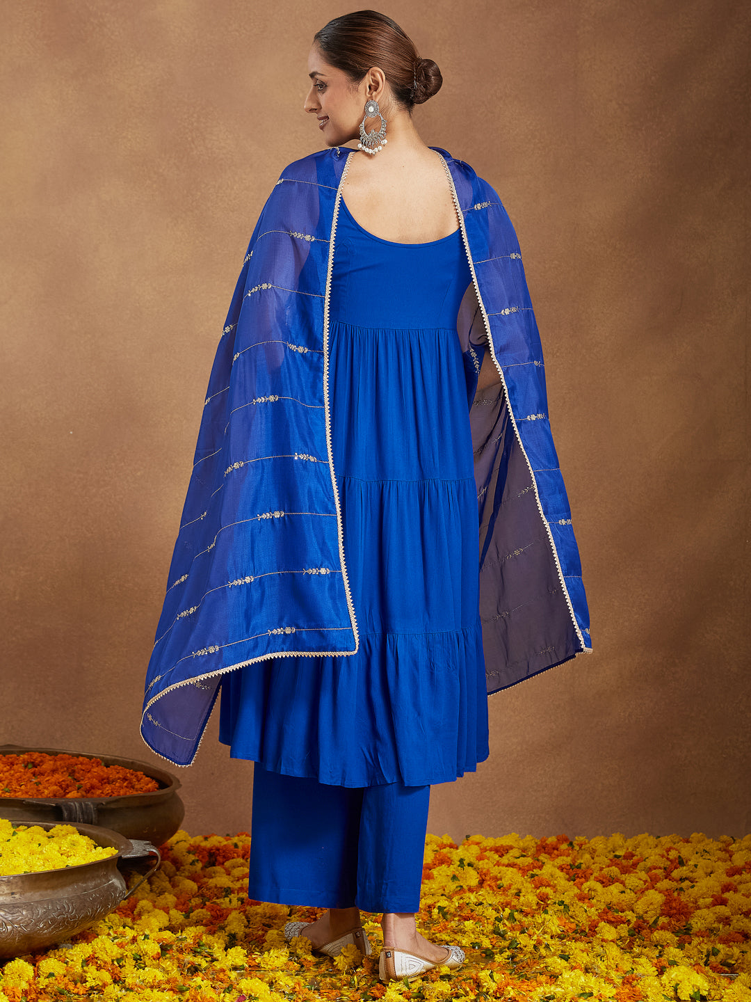 Ninnique Women's Royal Blue Rayon Embellished Tiered Kurta Set With Dupatta