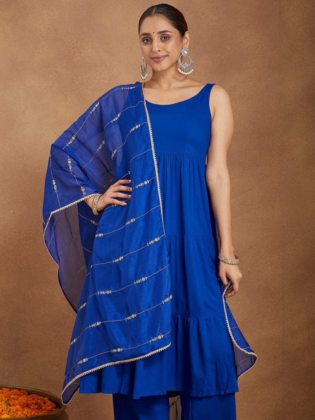 Ninnique Women's Royal Blue Rayon Embellished Tiered Kurta Set With Dupatta