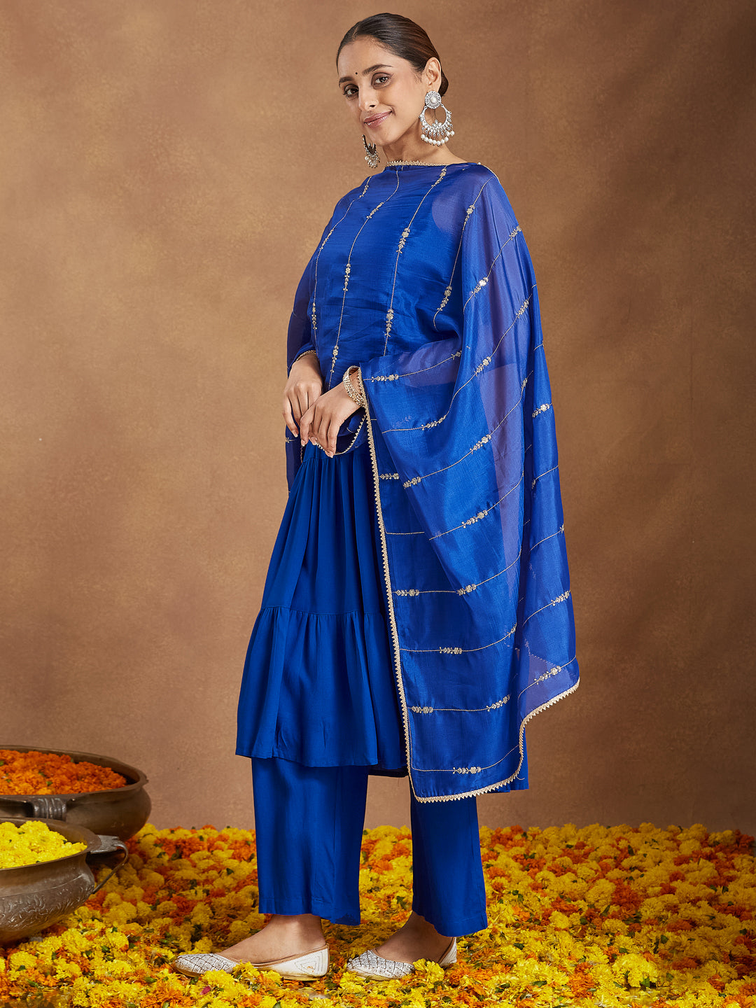 Ninnique Women's Royal Blue Rayon Embellished Tiered Kurta Set With Dupatta