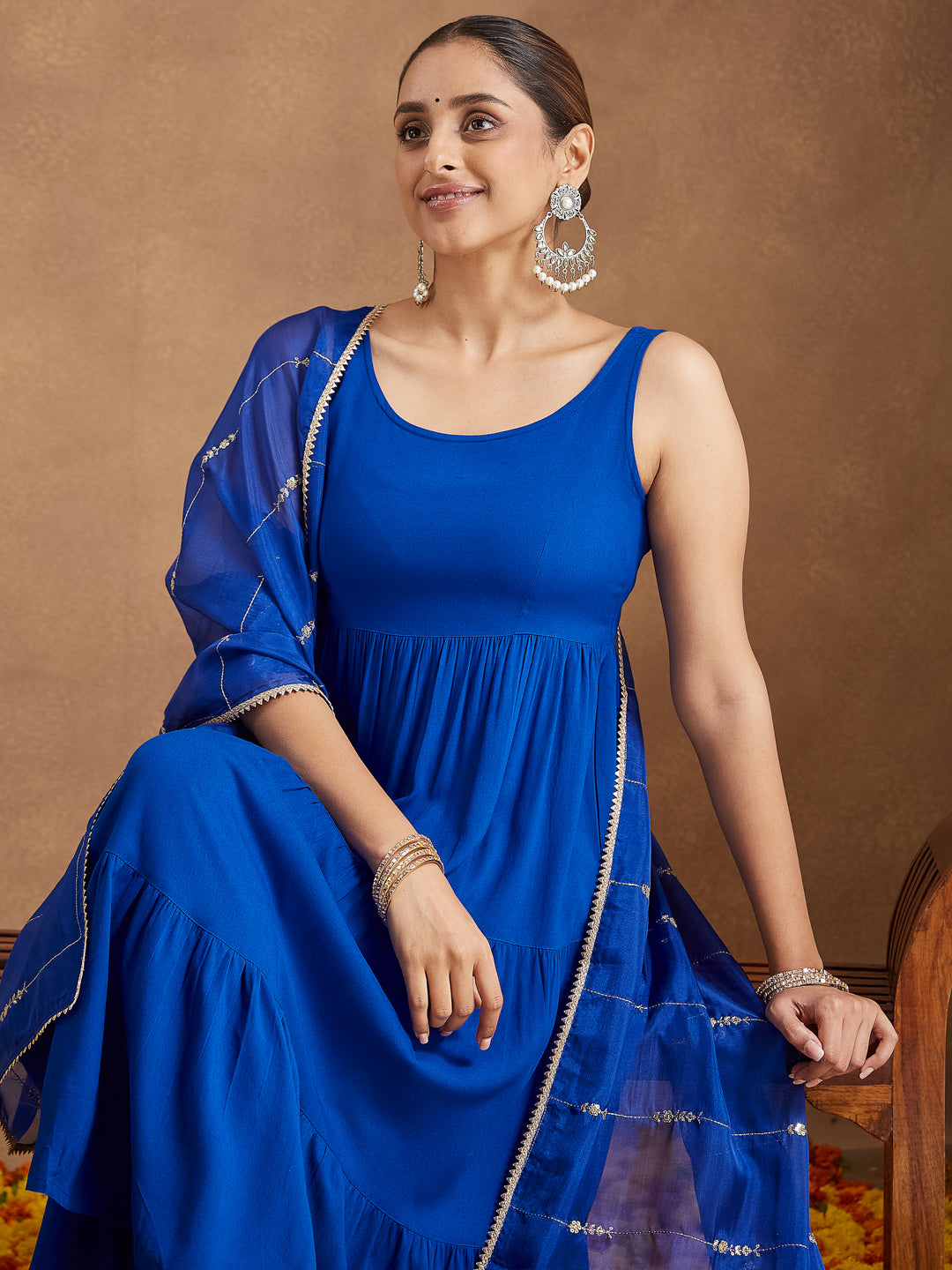 Ninnique Women's Royal Blue Rayon Embellished Tiered Kurta Set With Dupatta