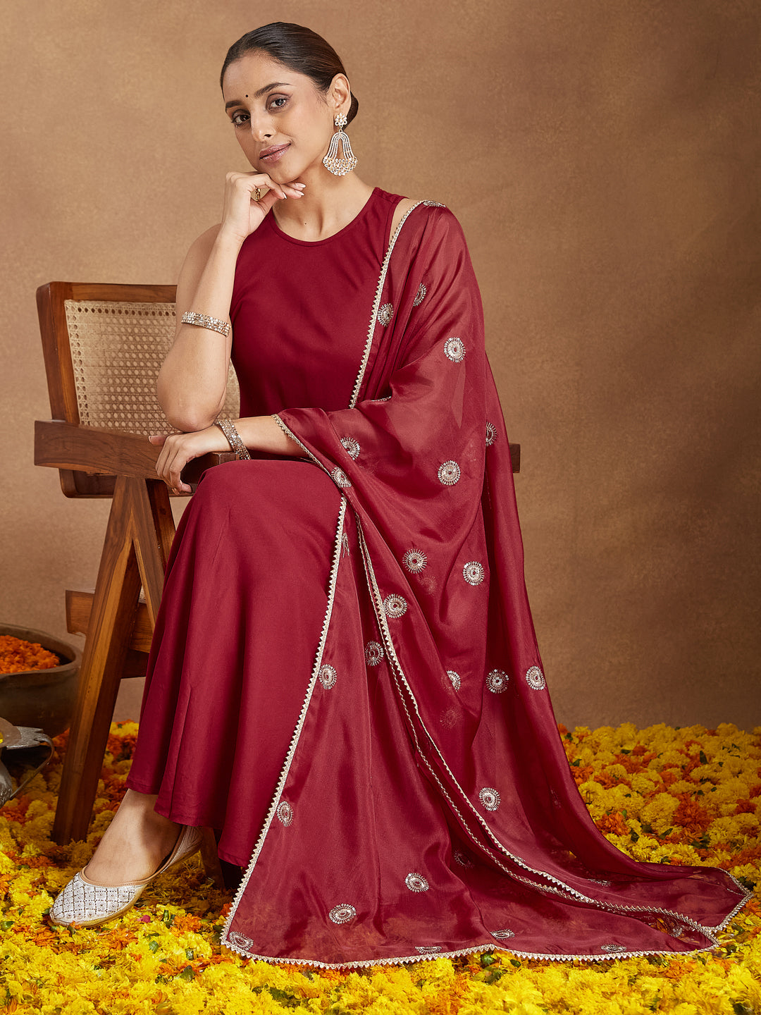 Ninnique Women's Maroon Rayon Embellished A-line Flared Kurta Set