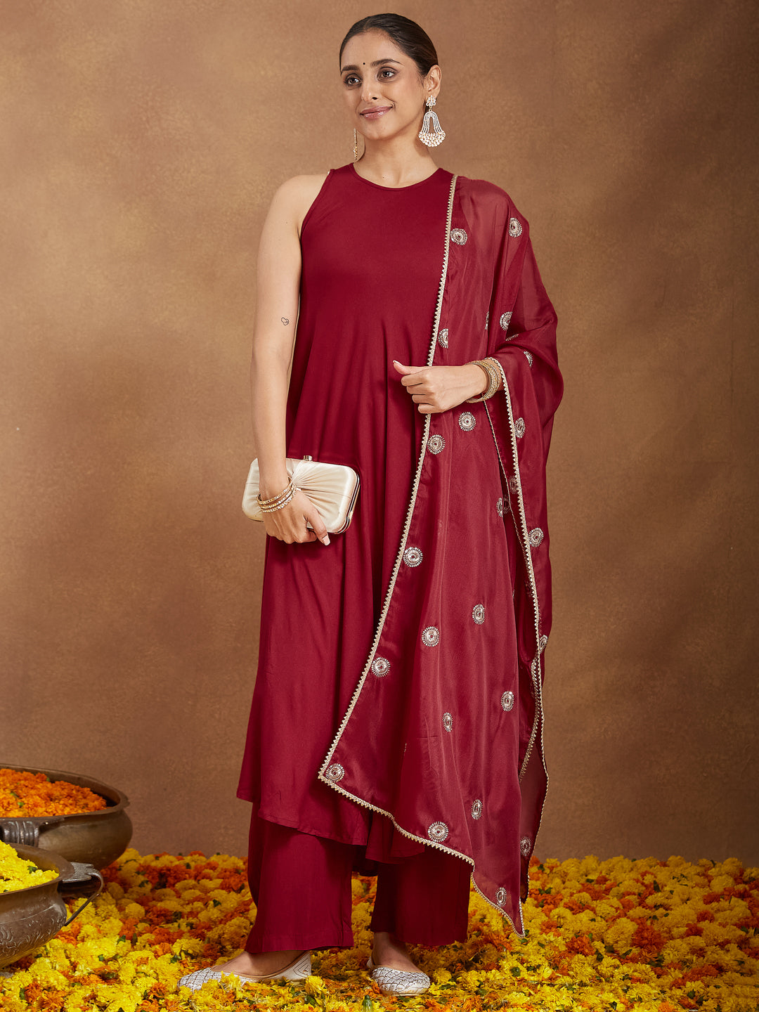 Ninnique Women's Maroon Rayon Embellished A-line Flared Kurta Set