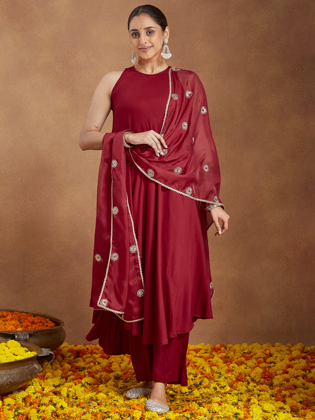 Ninnique Women's Maroon Rayon Embellished A-line Flared Kurta Set
