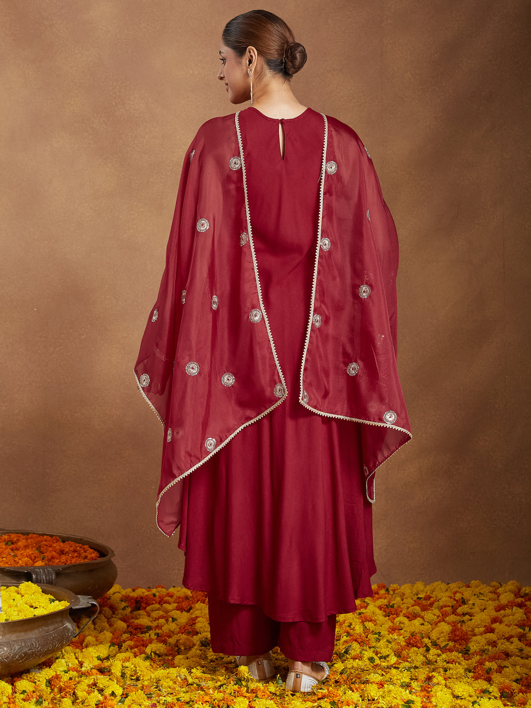 Ninnique Women's Maroon Rayon Embellished A-line Flared Kurta Set