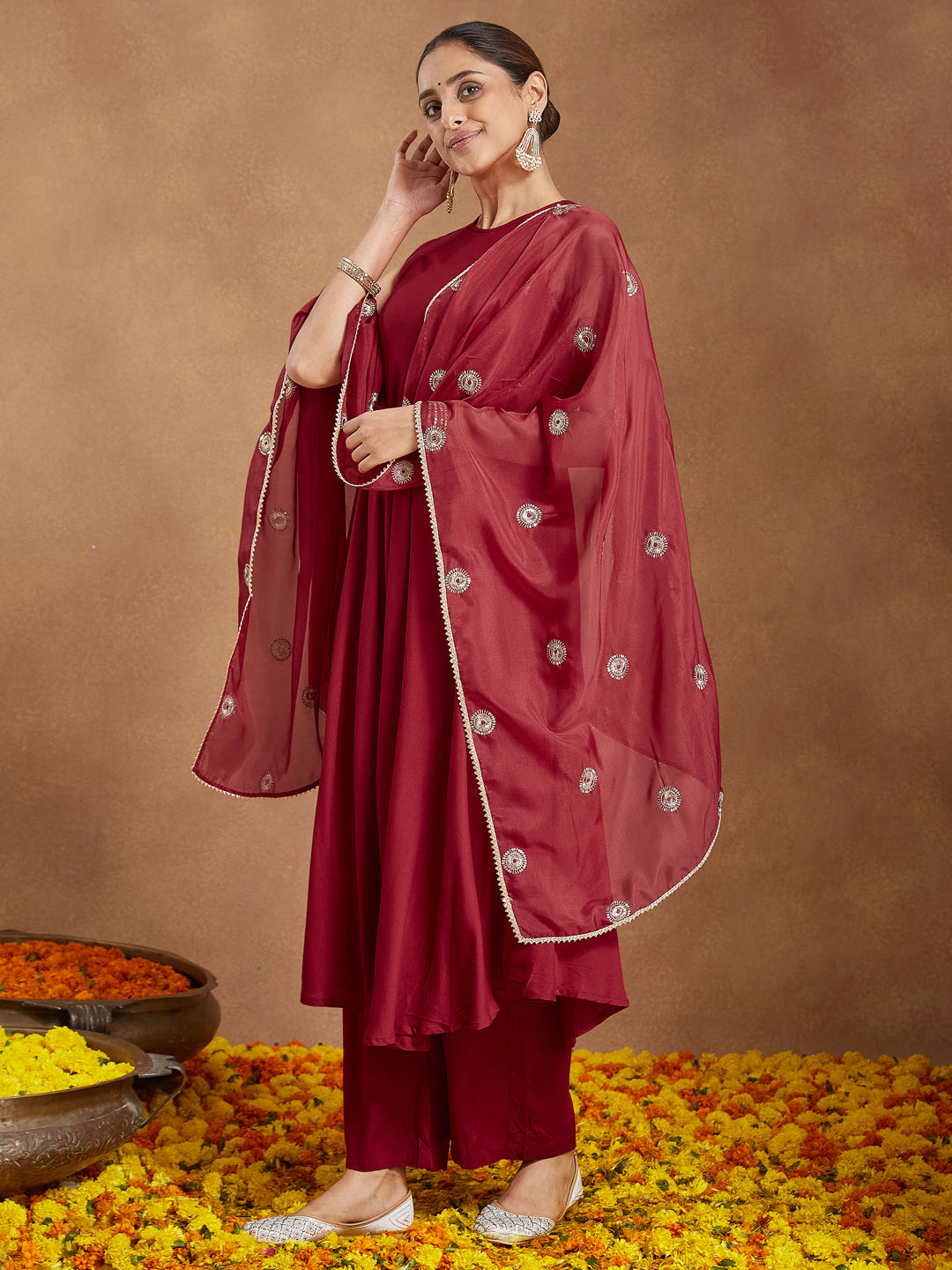 Ninnique Women's Maroon Rayon Embellished A-line Flared Kurta Set