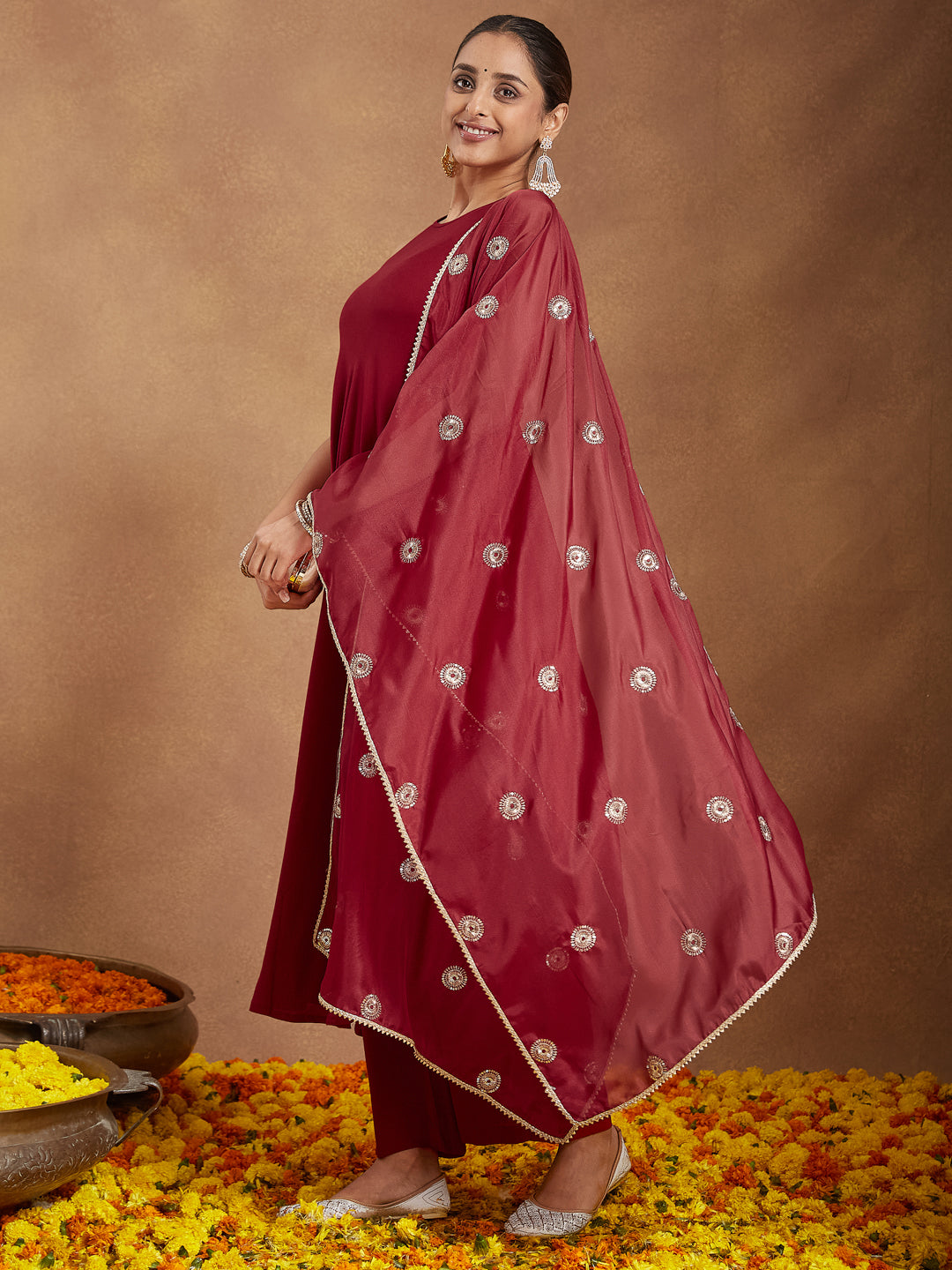 Ninnique Women's Maroon Rayon Embellished A-line Flared Kurta Set