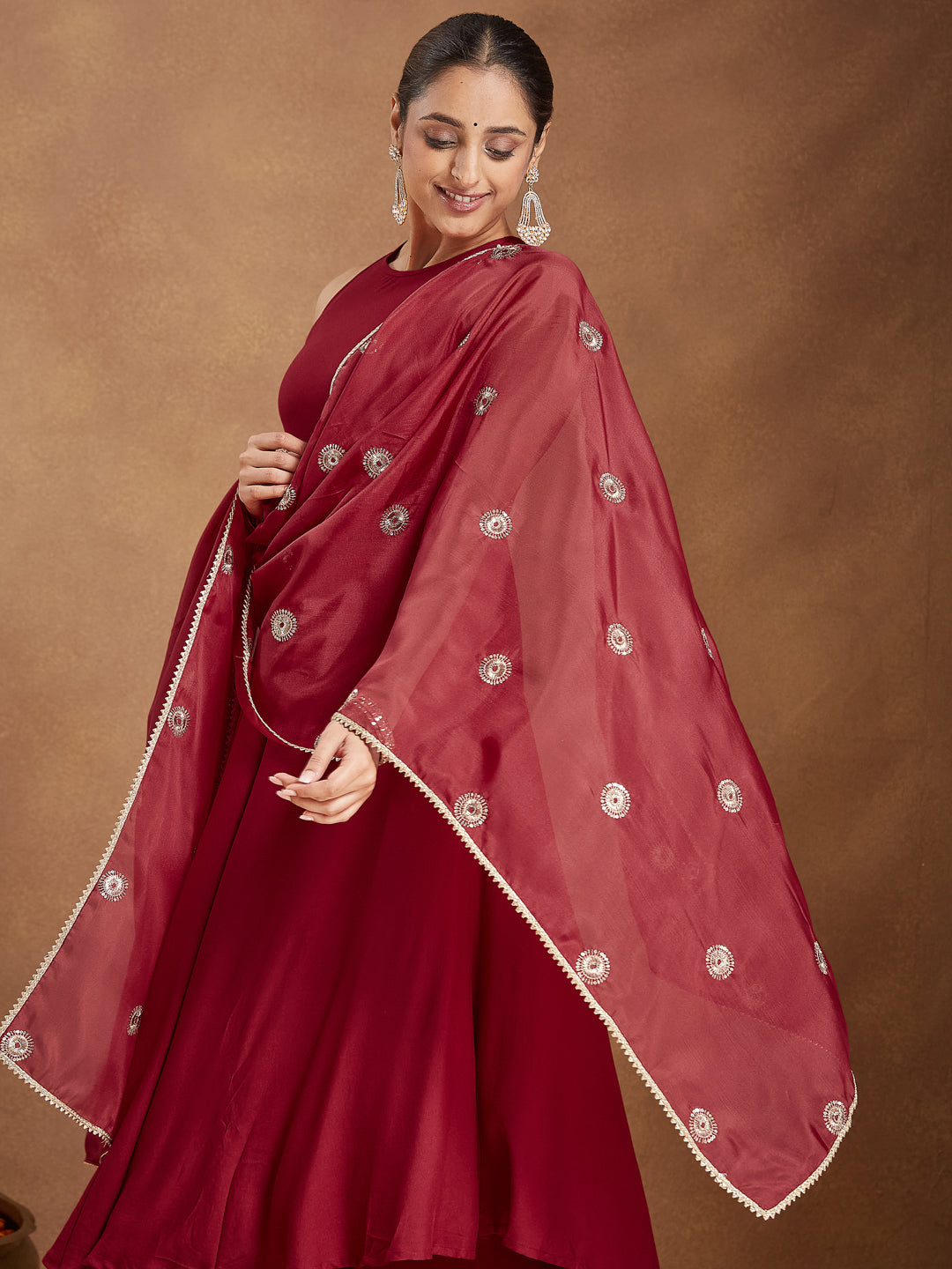 Ninnique Women's Maroon Rayon Embellished A-line Flared Kurta Set