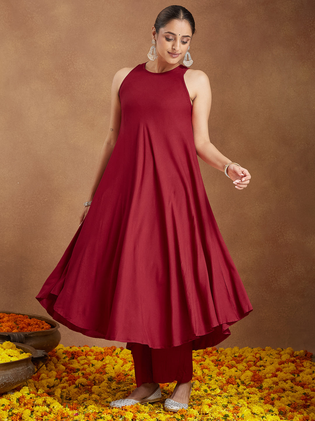 Ninnique Women's Maroon Rayon Embellished A-line Flared Kurta Set