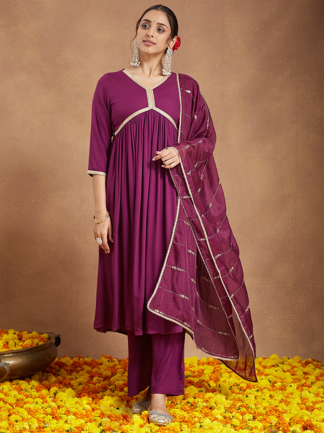 Ninnique Women's Purple Rayon Embellished A-line Kurta Set