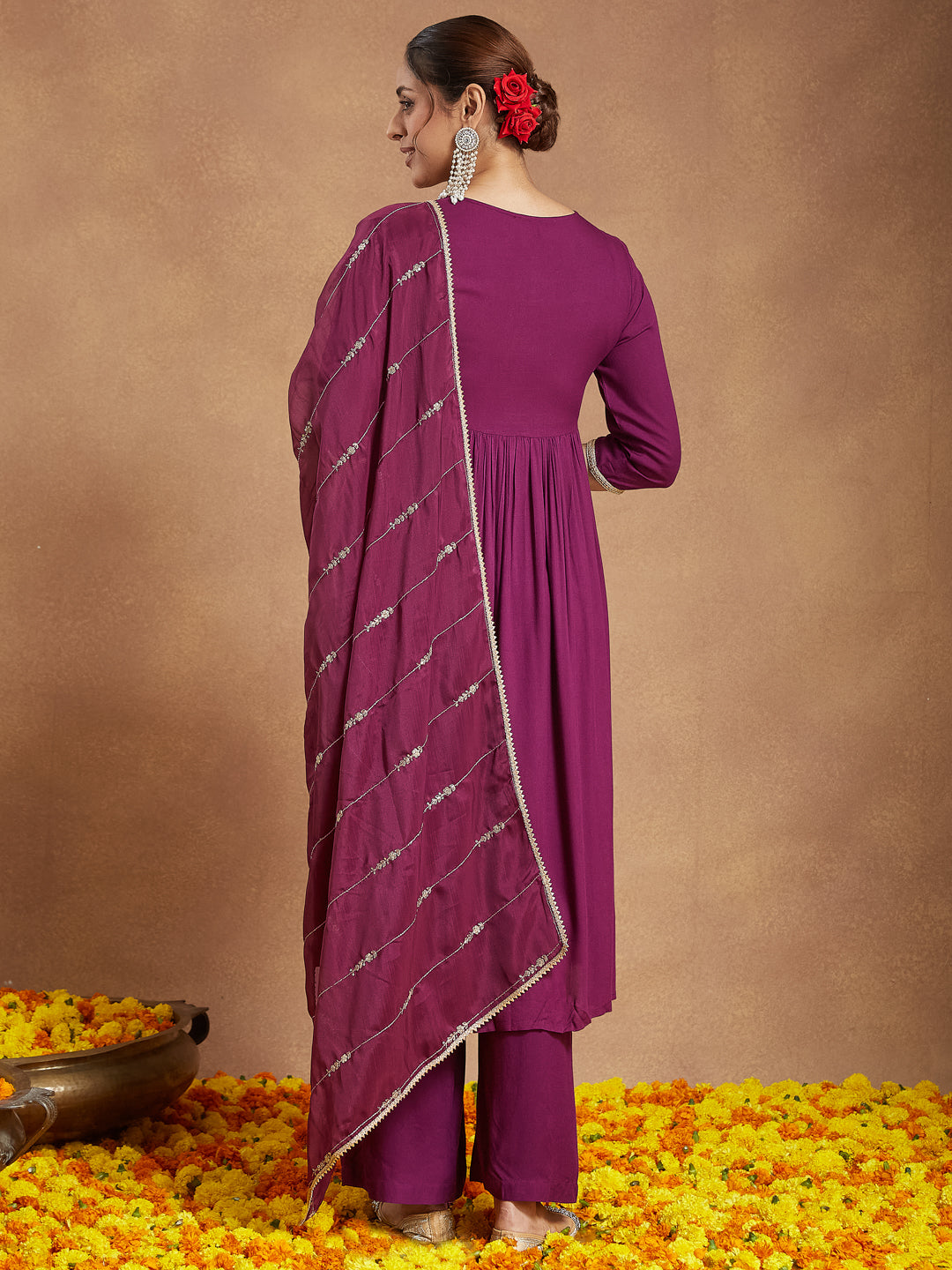 Ninnique Women's Purple Rayon Embellished A-line Kurta Set