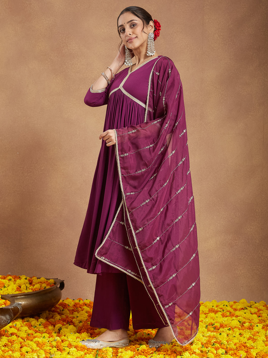 Ninnique Women's Purple Rayon Embellished A-line Kurta Set