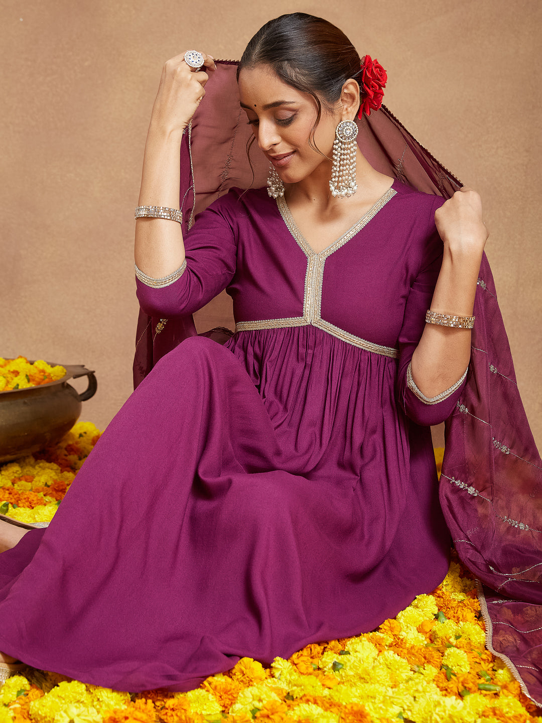 Ninnique Women's Purple Rayon Embellished A-line Kurta Set