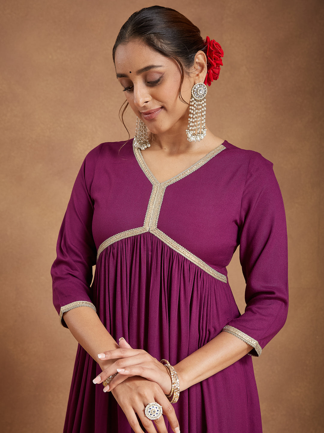 Ninnique Women's Purple Rayon Embellished A-line Kurta Set